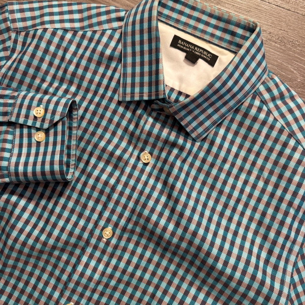 Banana Republic Dress Shirt Mens M Blue Gingham Cotton Tailored Slim Fit Work